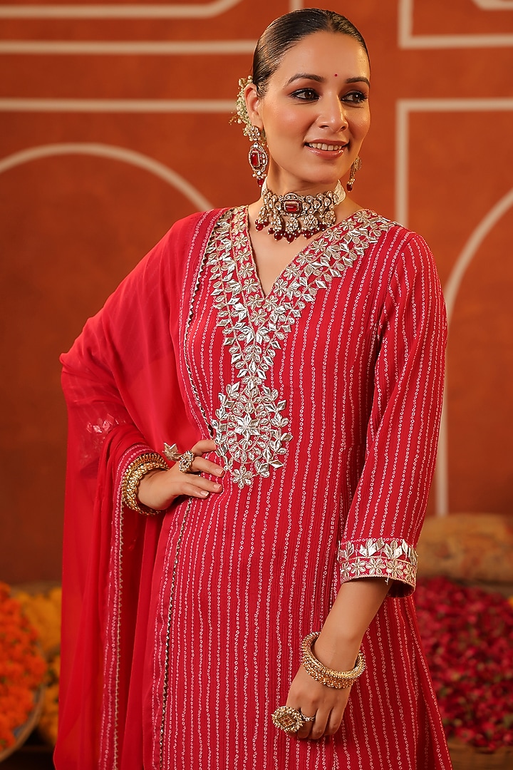 Hot Pink Chinon Silk Bandhani Printed Paneled Anarkali Set by Scakhi Luxe at Pernia's Pop Up Shop