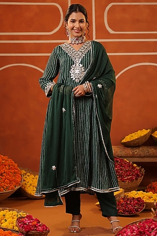 Jade Green Chinon Silk Bandhani Printed Paneled Anarkali Set by Scakhi Luxe