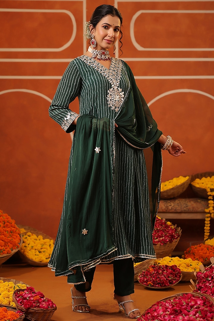 Jade Green Chinon Silk Bandhani Printed Paneled Anarkali Set by Scakhi Luxe at Pernia's Pop Up Shop