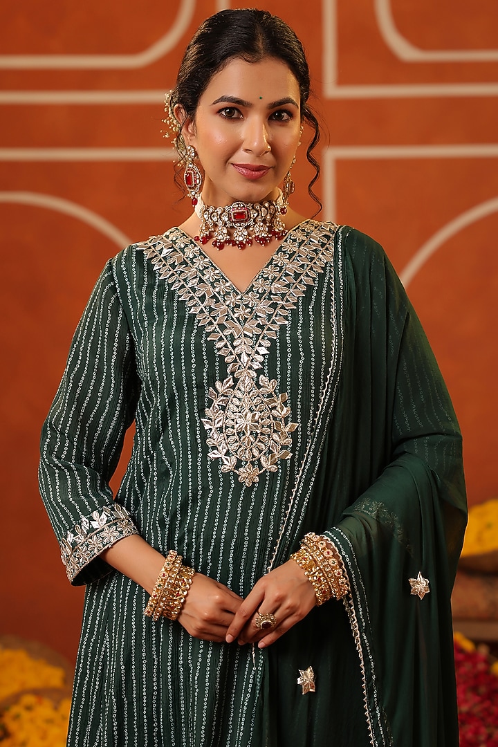 Jade Green Chinon Silk Bandhani Printed Paneled Anarkali Set by Scakhi Luxe at Pernia's Pop Up Shop
