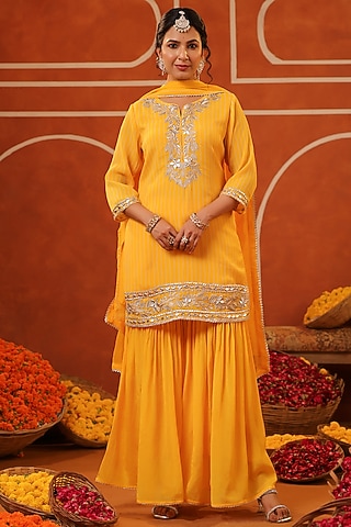 Yellow Chinon Silk Sharara Set by Scakhi Luxe