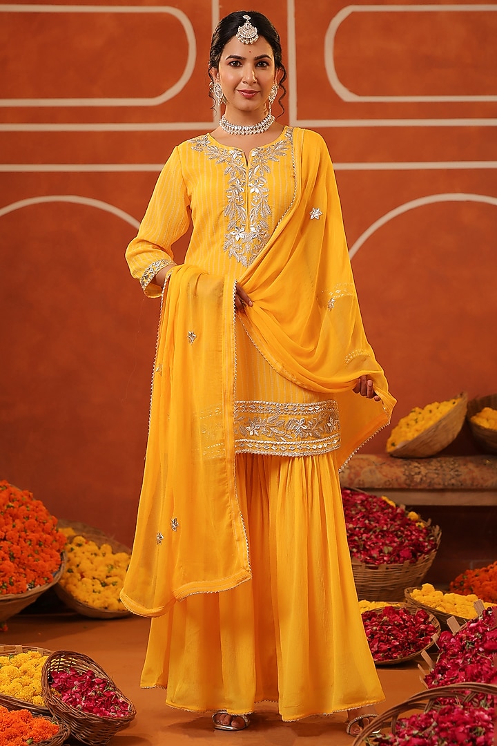 Yellow Chinon Silk Sharara Set by Scakhi Luxe at Pernia's Pop Up Shop