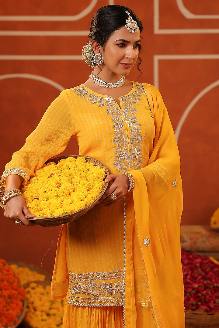 Yellow Chinon Silk Sharara Set by Scakhi Luxe at Pernia's Pop Up Shop