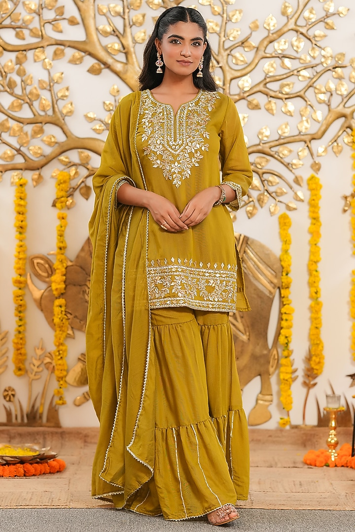 Olive Mul Chanderi Sharara Set by Scakhi Luxe at Pernia's Pop Up Shop