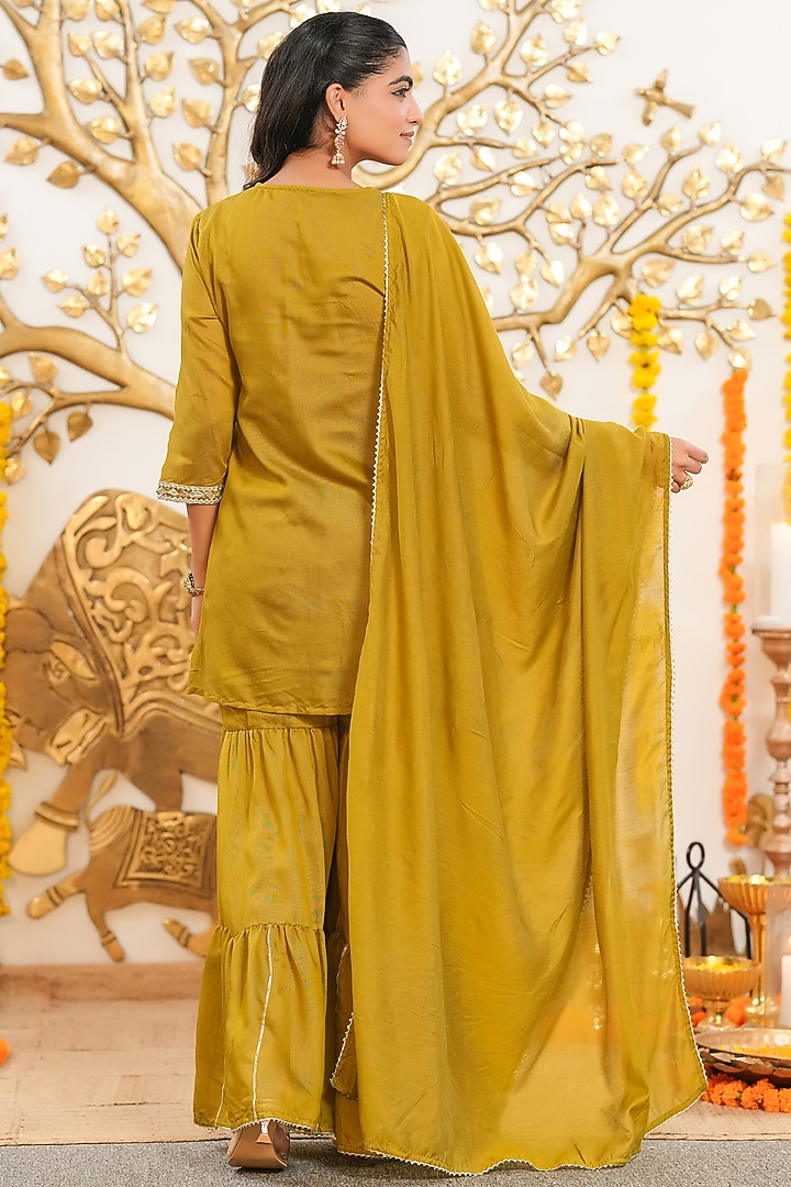 Olive Mul Chanderi Sharara Set by Scakhi Luxe at Pernia's Pop Up Shop