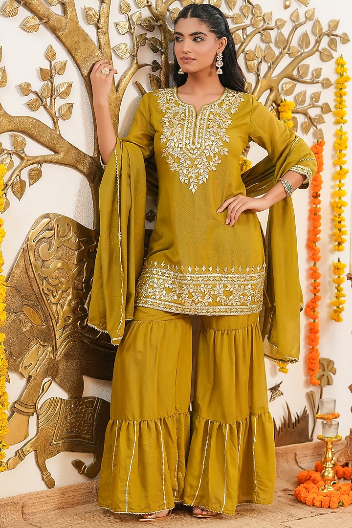 Olive Mul Chanderi Sharara Set by Scakhi Luxe at Pernia's Pop Up Shop