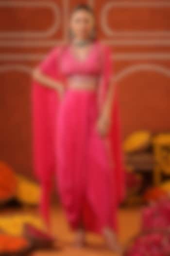 Hot Pink Crepe Silk Asymmetric Draped Skirt Set by Scakhi Luxe at Pernia's Pop Up Shop