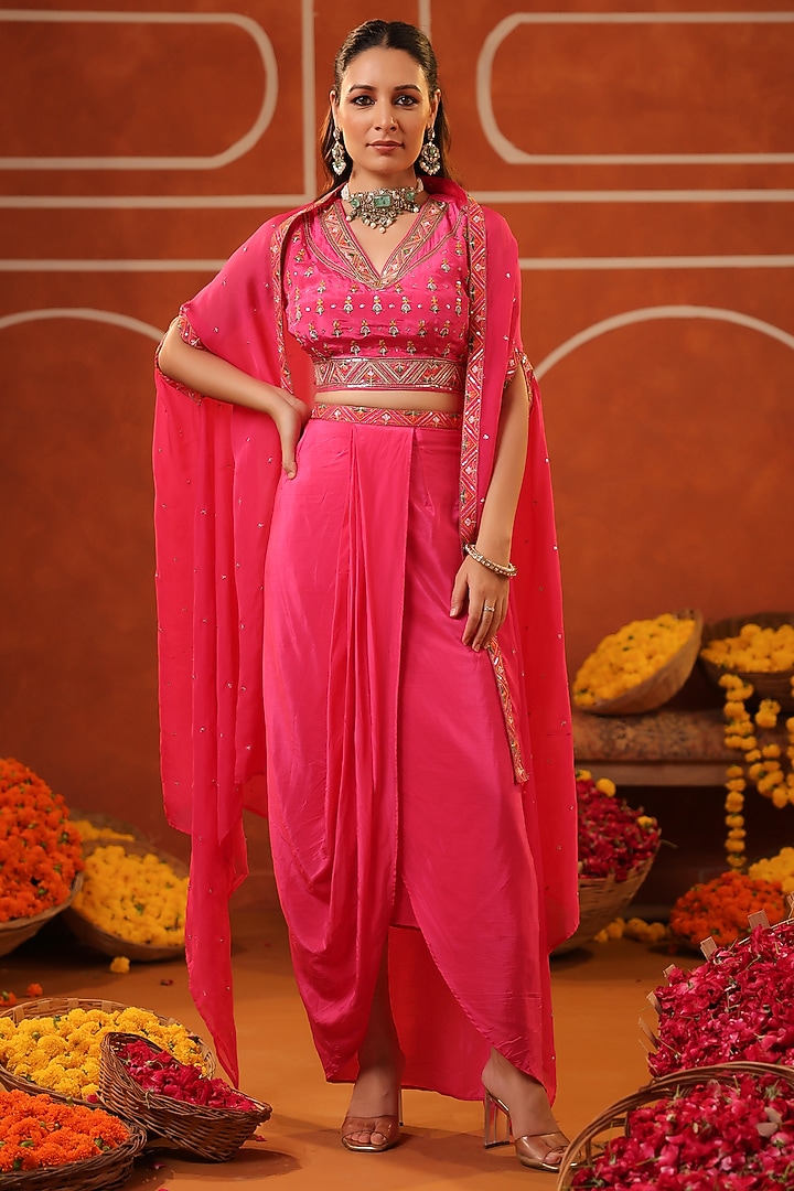 Hot Pink Crepe Silk Asymmetric Draped Skirt Set by Scakhi Luxe at Pernia's Pop Up Shop