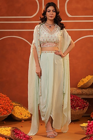 Mint Crepe Silk Asymmetric Draped Skirt Set by Scakhi Luxe