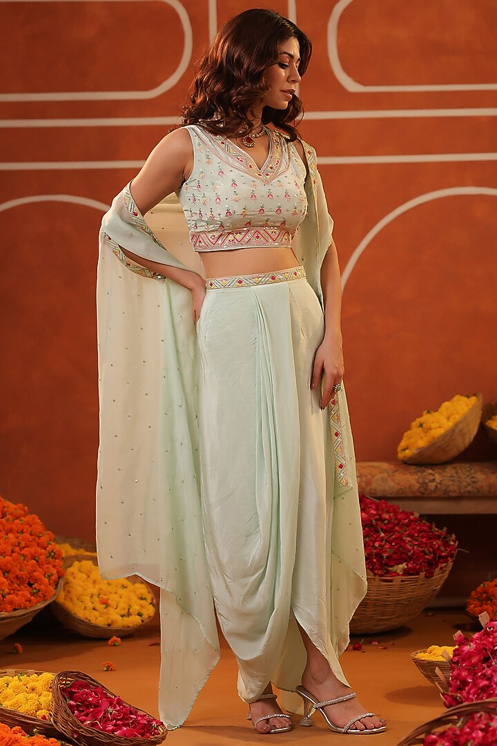 Mint Crepe Silk Asymmetric Draped Skirt Set by Scakhi Luxe at Pernia's Pop Up Shop