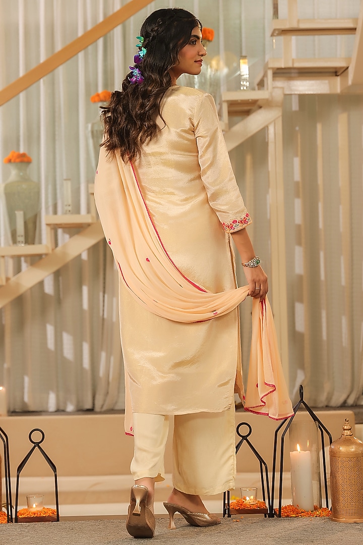 Beige Shimmer Tissue Thread & Zari Embroidered Kurta Set by Scakhi Luxe at Pernia's Pop Up Shop