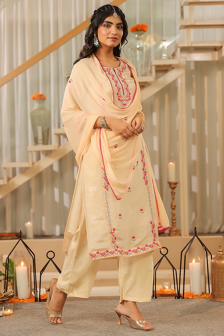 Beige Shimmer Tissue Thread & Zari Embroidered Kurta Set by Scakhi Luxe at Pernia's Pop Up Shop