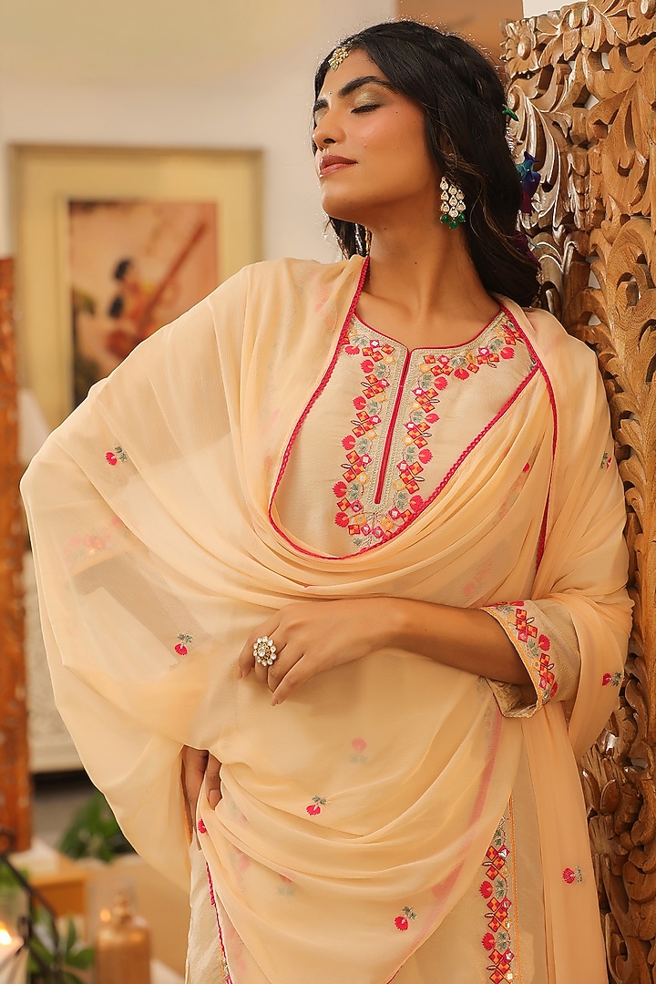 Beige Shimmer Tissue Thread & Zari Embroidered Kurta Set by Scakhi Luxe at Pernia's Pop Up Shop