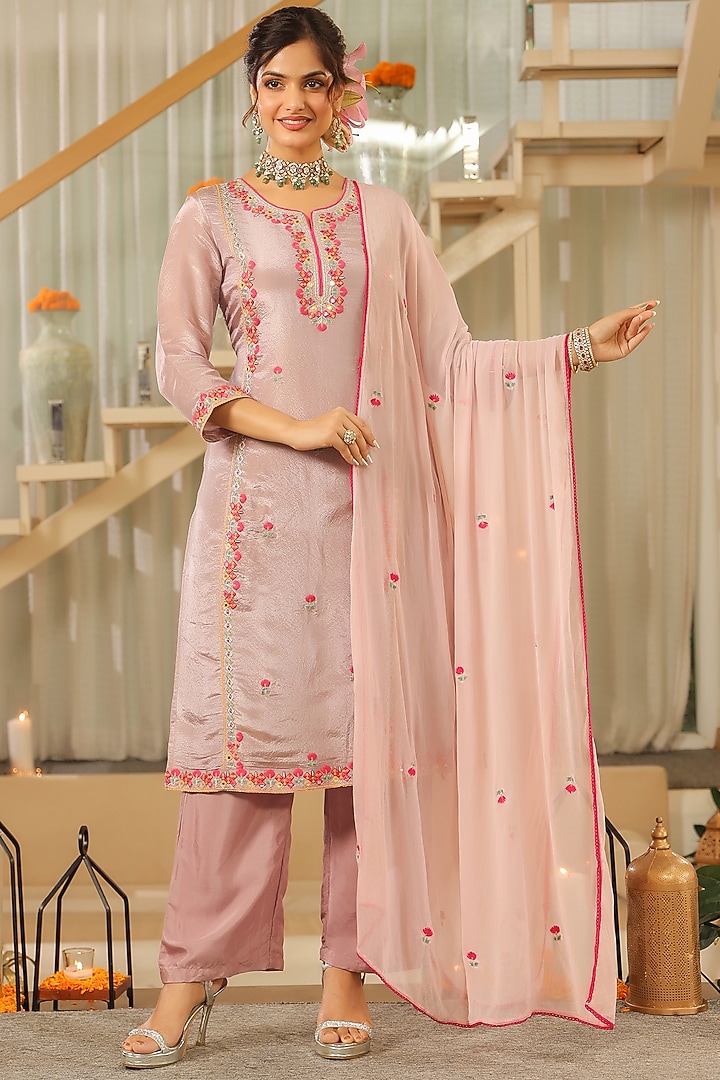 Lavender Shimmer Tissue Thread & Zari Embroidered Kurta Set by Scakhi Luxe at Pernia's Pop Up Shop