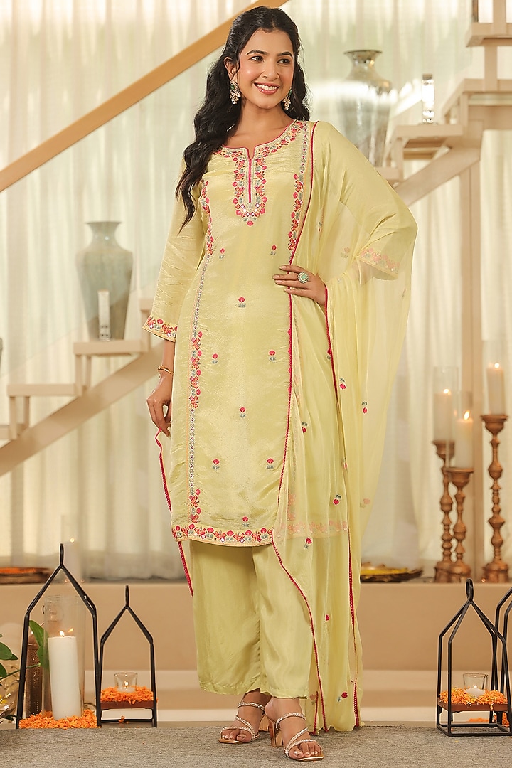 Pista Green Shimmer Tissue Thread & Zari Embroidered Kurta Set by Scakhi Luxe at Pernia's Pop Up Shop