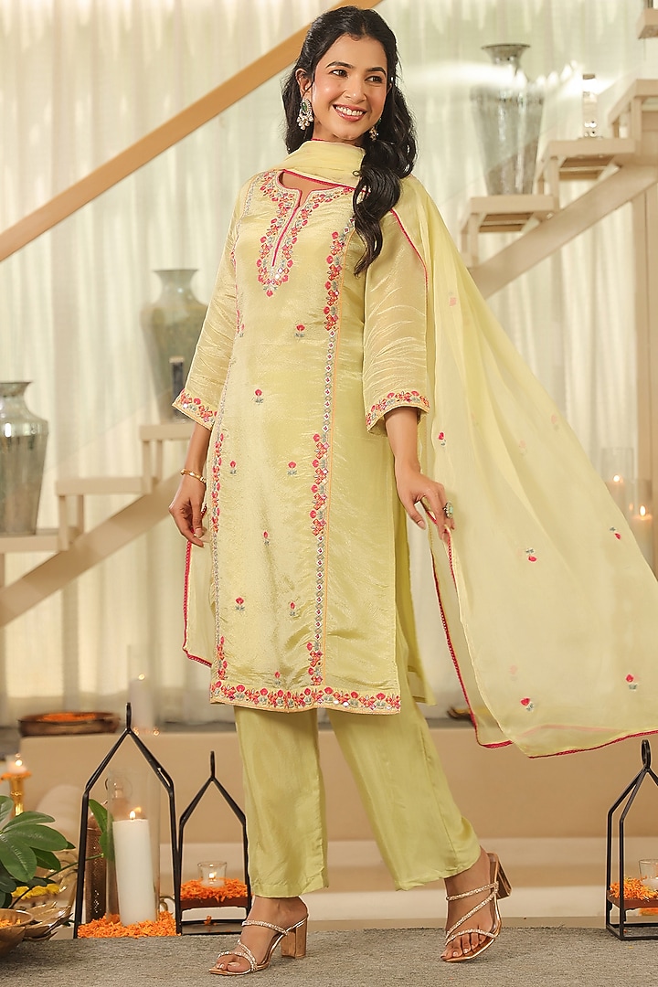 Pista Green Shimmer Tissue Thread & Zari Embroidered Kurta Set by Scakhi Luxe at Pernia's Pop Up Shop