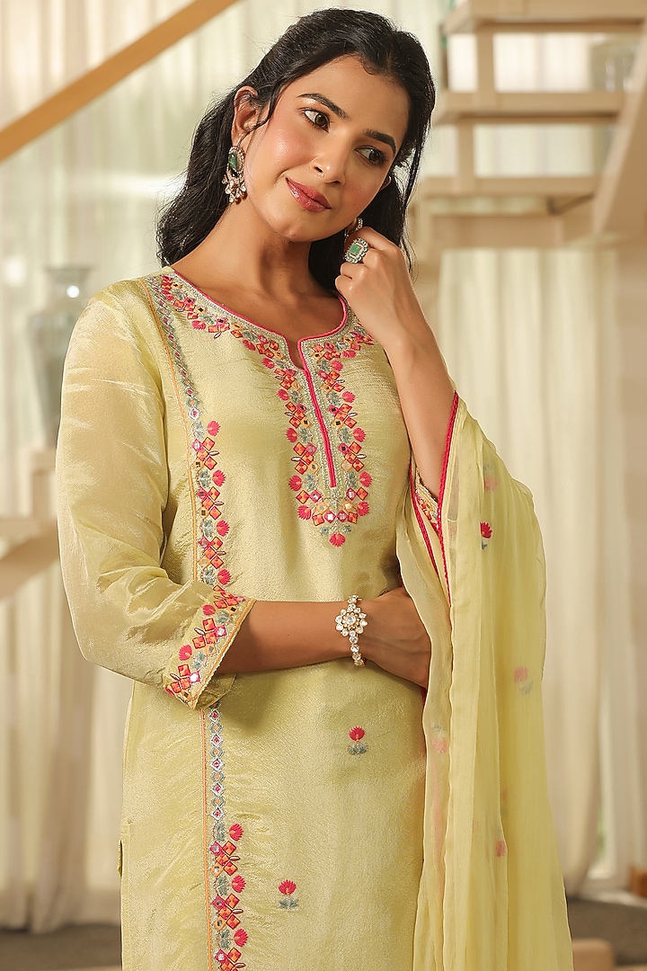 Pista Green Shimmer Tissue Thread & Zari Embroidered Kurta Set by Scakhi Luxe at Pernia's Pop Up Shop