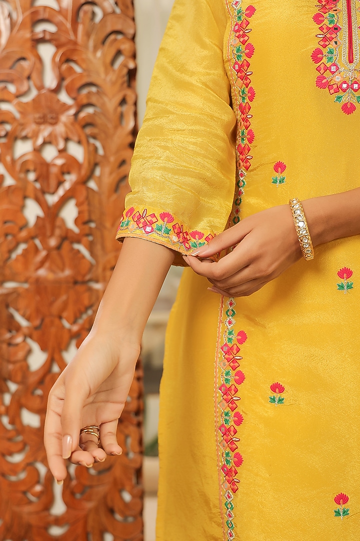 Yellow Shimmer Tissue Thread & Zari Embroidered Kurta Set by Scakhi Luxe at Pernia's Pop Up Shop