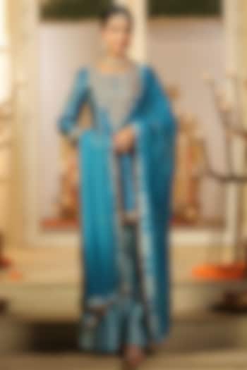 Teal Chinon Silk Sharara Set by Scakhi Luxe at Pernia's Pop Up Shop