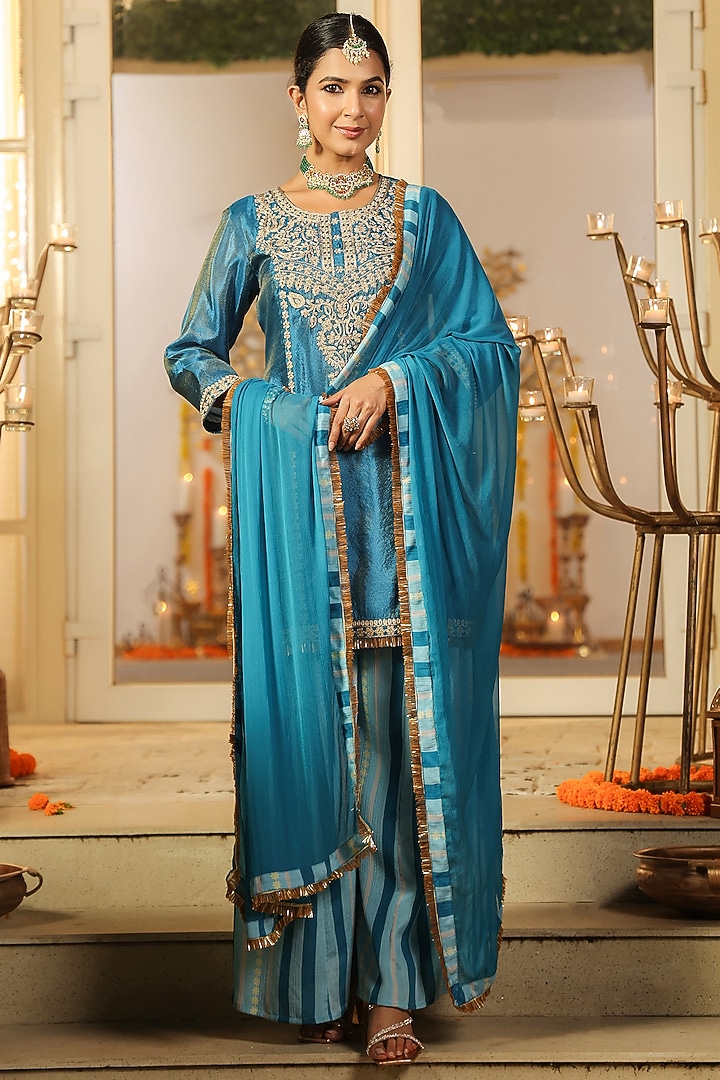 Teal Chinon Silk Sharara Set by Scakhi Luxe at Pernia's Pop Up Shop