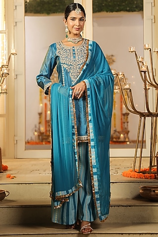 Teal Chinon Silk Sharara Set by Scakhi Luxe