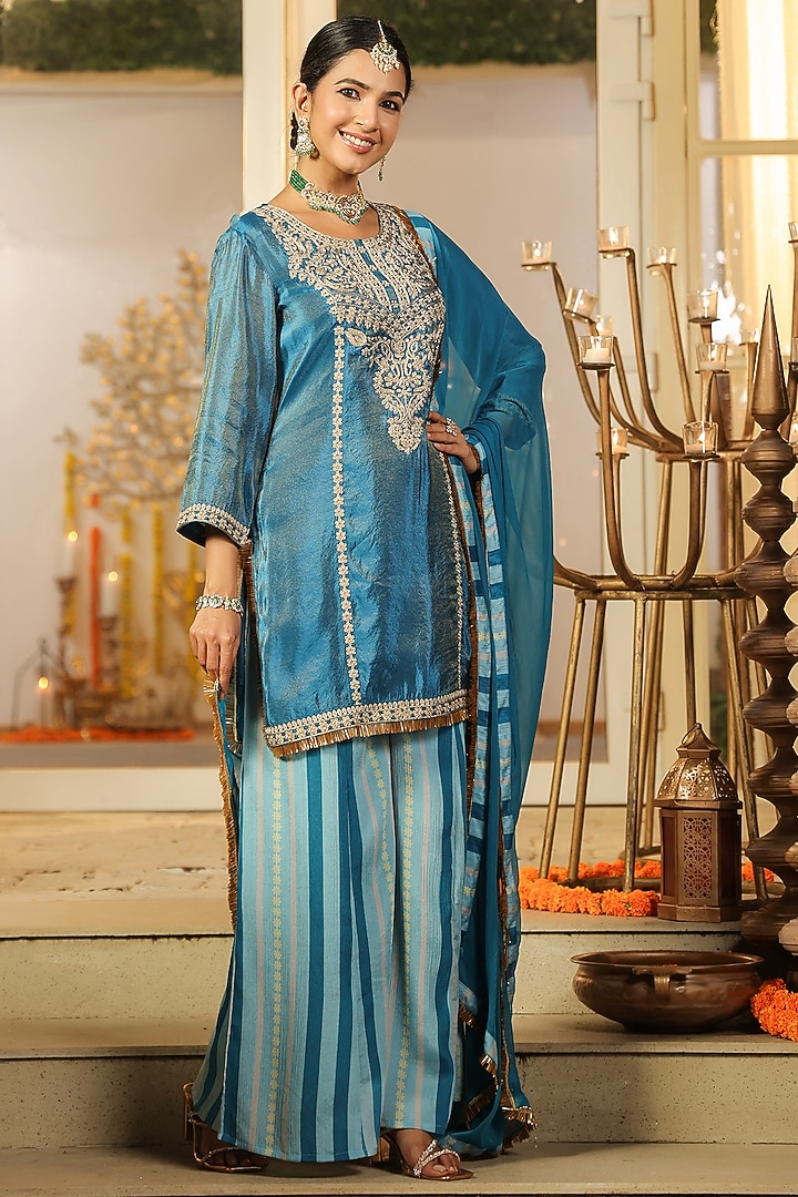 Teal Chinon Silk Sharara Set by Scakhi Luxe at Pernia's Pop Up Shop