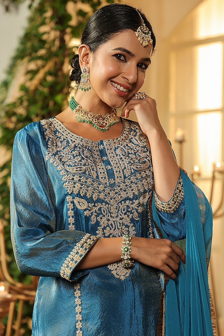 Teal Chinon Silk Sharara Set by Scakhi Luxe at Pernia's Pop Up Shop