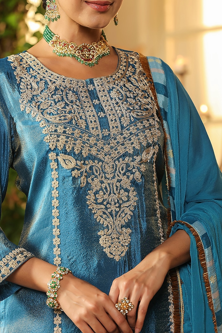 Teal Chinon Silk Sharara Set by Scakhi Luxe at Pernia's Pop Up Shop