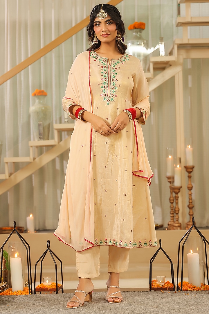 Beige Shimmer Tissue Thread & Zari Embroidered Kurta Set by Scakhi Luxe at Pernia's Pop Up Shop