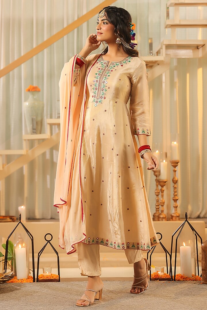 Beige Shimmer Tissue Thread & Zari Embroidered Kurta Set by Scakhi Luxe at Pernia's Pop Up Shop