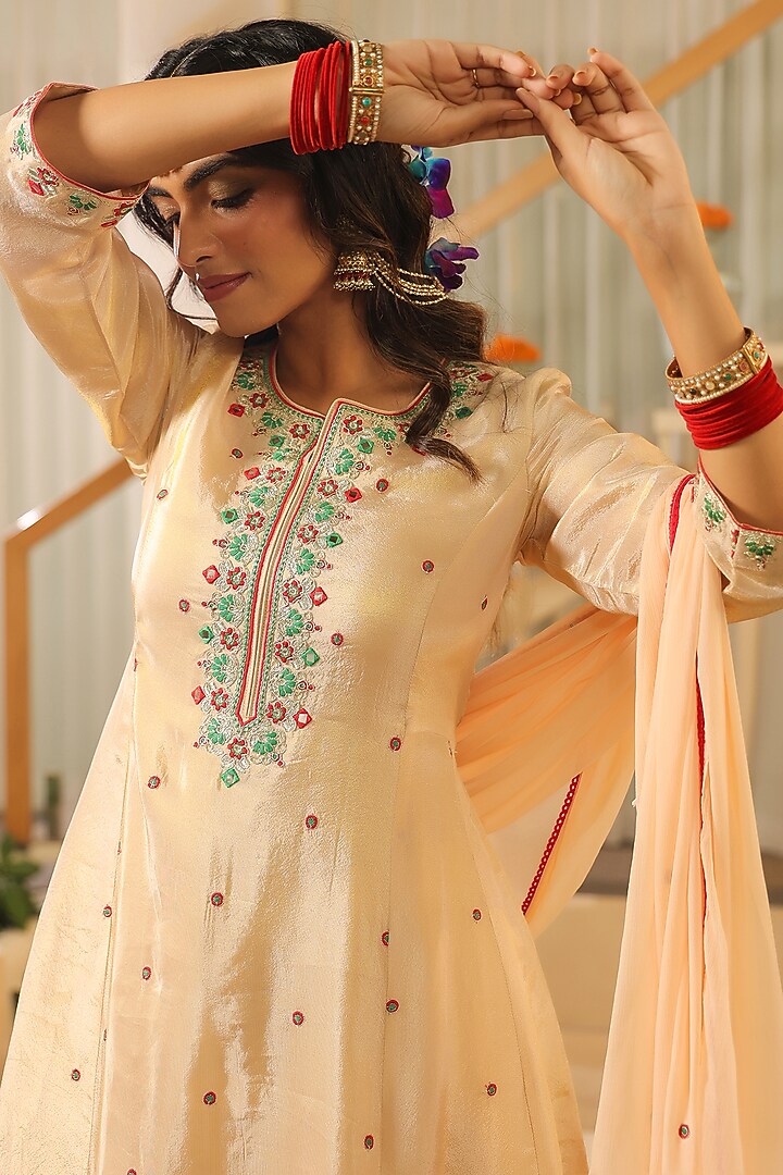Beige Shimmer Tissue Thread & Zari Embroidered Kurta Set by Scakhi Luxe at Pernia's Pop Up Shop