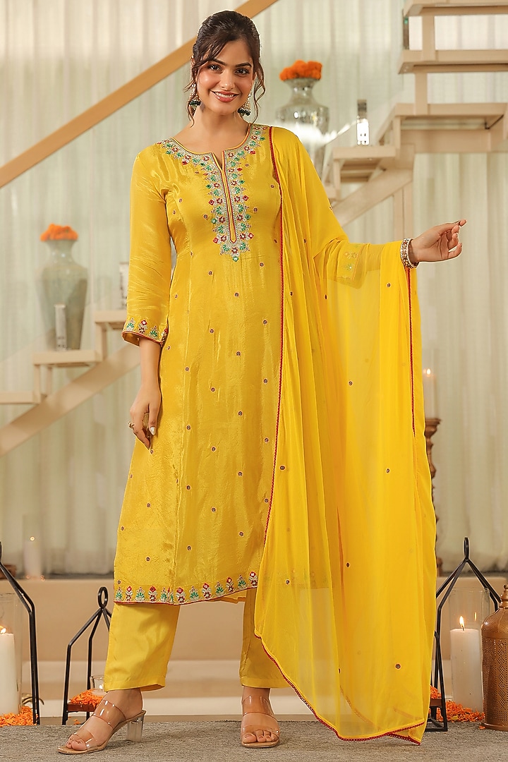 Yellow Shimmer Tissue Zari & Sequin Embroidered Anarkali Set by Scakhi Luxe at Pernia's Pop Up Shop