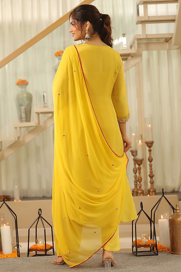 Yellow Shimmer Tissue Zari & Sequin Embroidered Anarkali Set by Scakhi Luxe at Pernia's Pop Up Shop