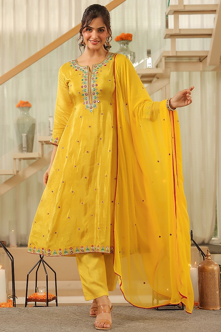 Yellow Shimmer Tissue Zari & Sequin Embroidered Anarkali Set by Scakhi Luxe at Pernia's Pop Up Shop