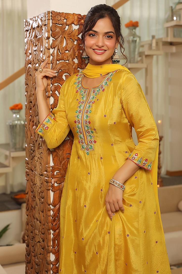 Yellow Shimmer Tissue Zari & Sequin Embroidered Anarkali Set by Scakhi Luxe at Pernia's Pop Up Shop