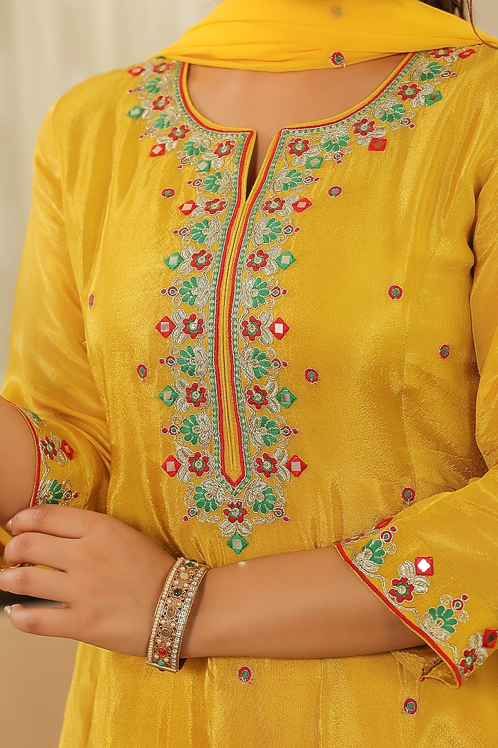 Yellow Shimmer Tissue Zari & Sequin Embroidered Anarkali Set by Scakhi Luxe at Pernia's Pop Up Shop