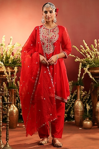 Red Organza Silk Zari Embroidered Anarkali Set by Scakhi Luxe
