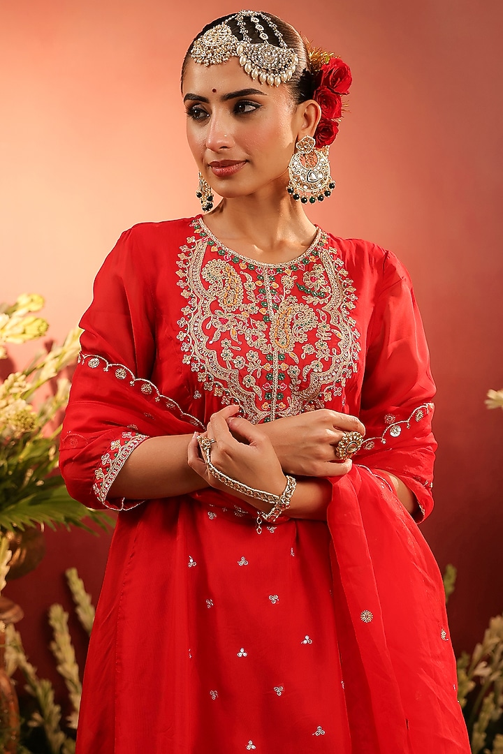 Red Organza Silk Zari Embroidered Anarkali Set by Scakhi Luxe at Pernia's Pop Up Shop