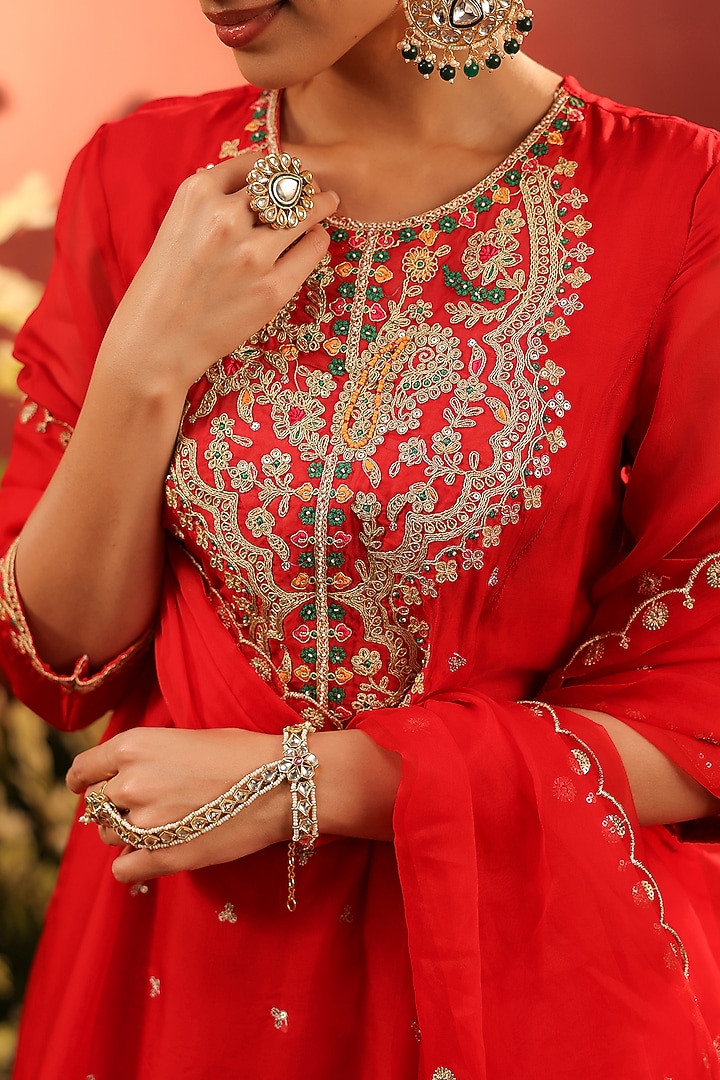 Red Organza Silk Zari Embroidered Anarkali Set by Scakhi Luxe at Pernia's Pop Up Shop