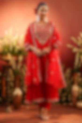 Red Organza Silk Zari Embroidered Anarkali Set by Scakhi Luxe at Pernia's Pop Up Shop