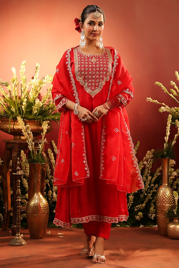Red Organza Silk Zari Embroidered Anarkali Set by Scakhi Luxe at Pernia's Pop Up Shop