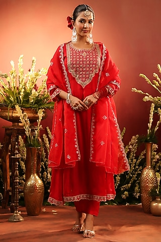 Red Organza Silk Zari Embroidered Anarkali Set by Scakhi Luxe