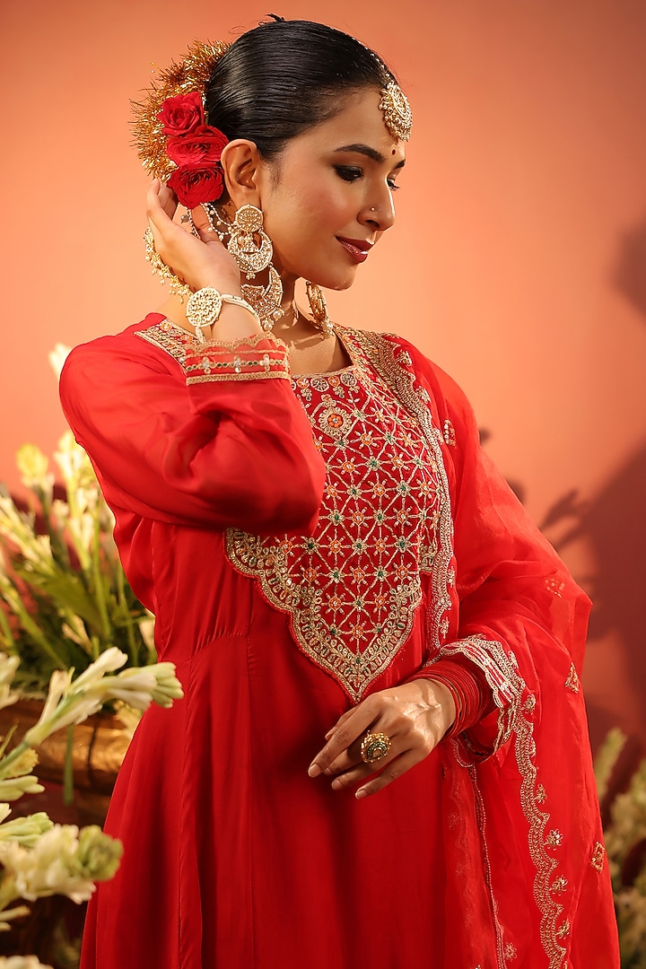 Red Organza Silk Zari Embroidered Anarkali Set by Scakhi Luxe at Pernia's Pop Up Shop