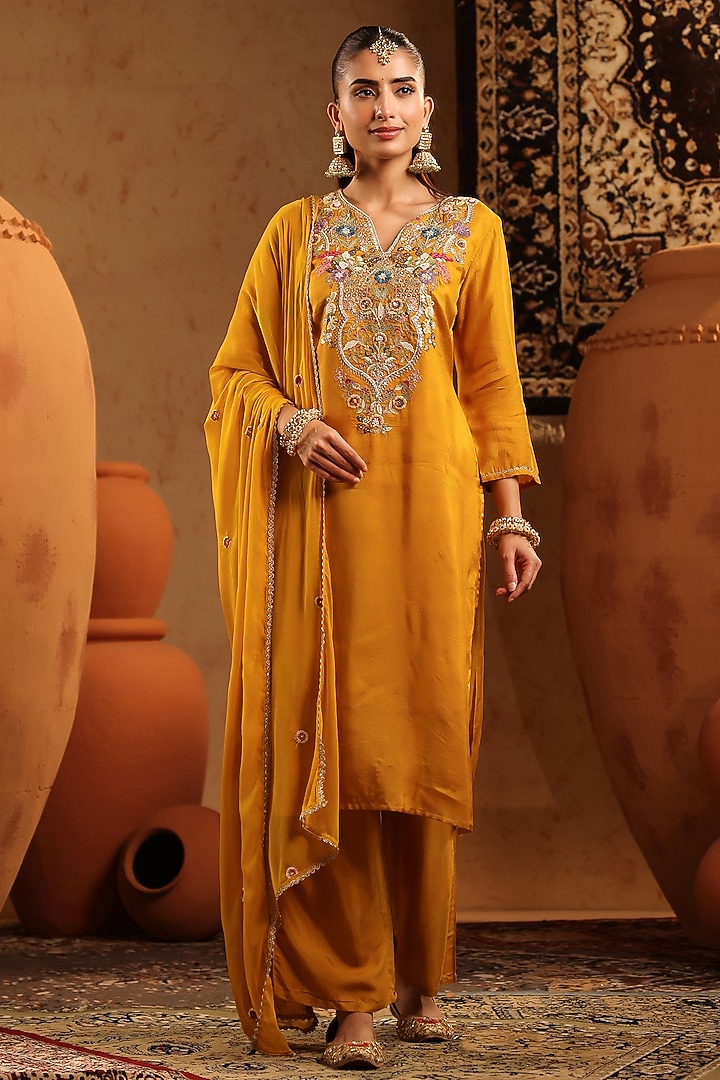 Mustard Russian Silk Thread & Sequin Embroidered Kurta Set by Scakhi Luxe at Pernia's Pop Up Shop