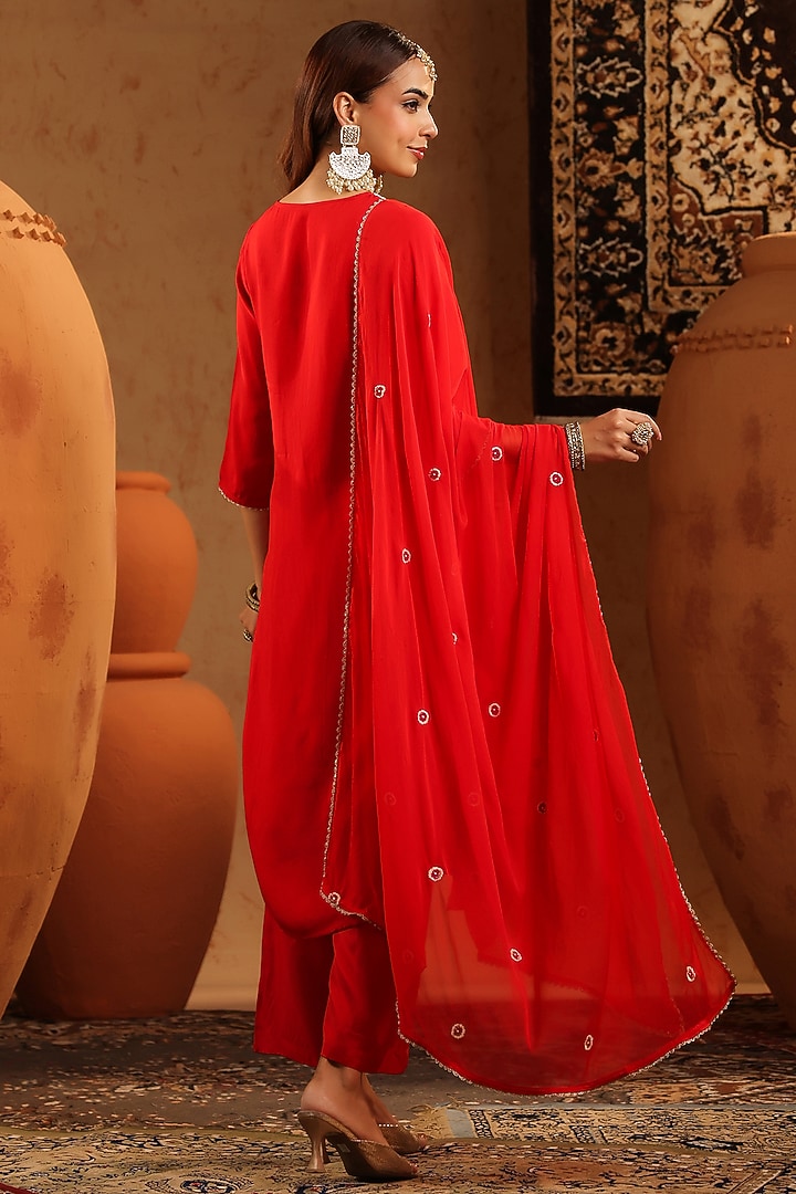 Red Russian Silk Thread & Sequin Embroidered Kurta Set by Scakhi Luxe at Pernia's Pop Up Shop