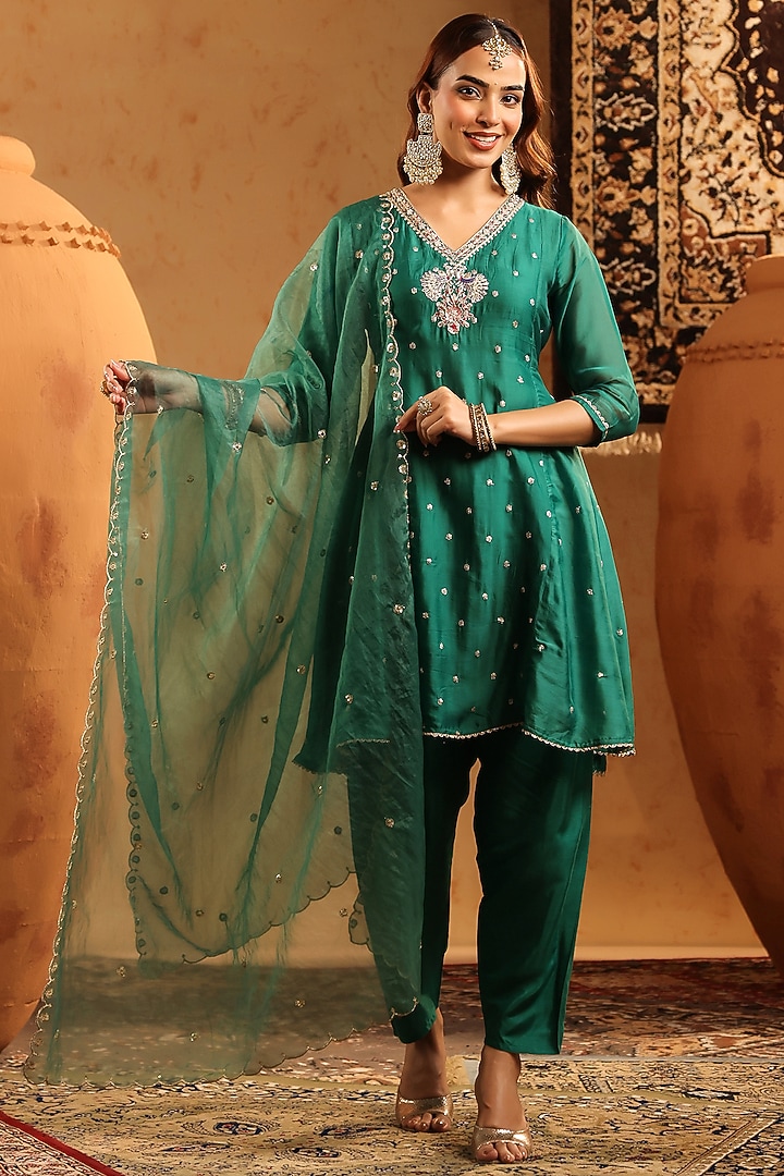 Green Organza Silk Thread & Sequin Embroidered Anarkali Set by Scakhi Luxe at Pernia's Pop Up Shop
