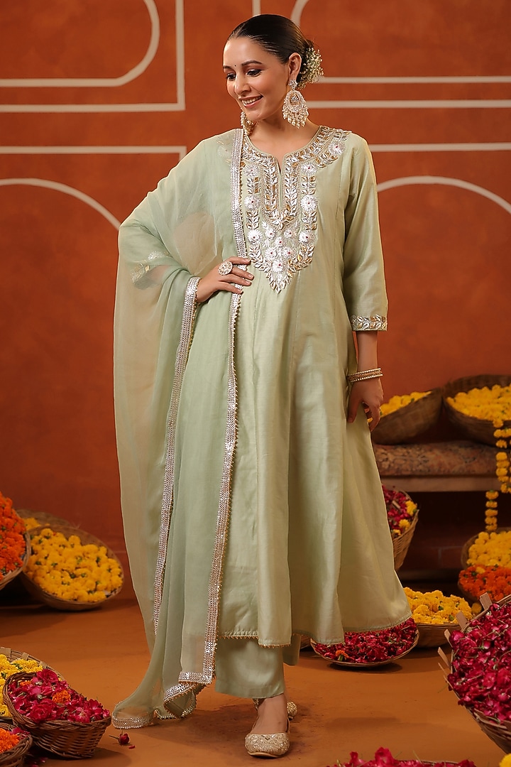 Pista Green Chanderi Silk Gota Patti Embroidered Anarkali Set by Scakhi Luxe at Pernia's Pop Up Shop