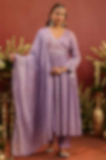 Lavender Mul Chanderi Floral Motif Embroidered Angrakha Anarkali Set by Scakhi Luxe at Pernia's Pop Up Shop