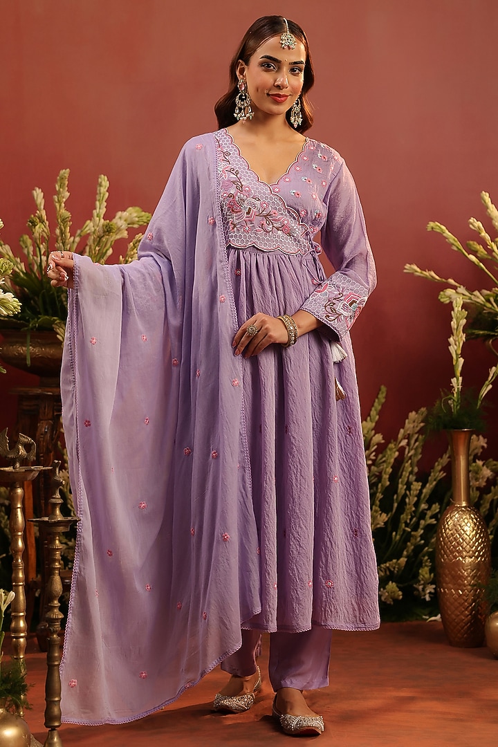 Lavender Mul Chanderi Floral Motif Embroidered Angrakha Anarkali Set by Scakhi Luxe at Pernia's Pop Up Shop