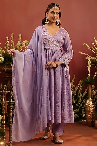 Lavender Mul Chanderi Floral Motif Embroidered Angrakha Anarkali Set by Scakhi Luxe